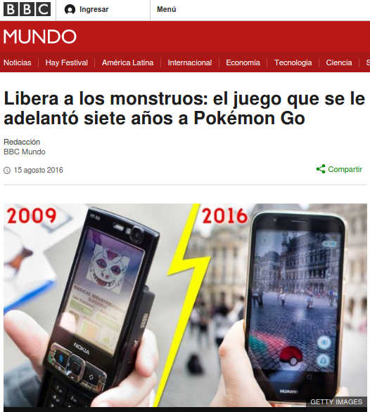 This is an image for Free All Monsters on the BBC World Service. The image shows two phones side by side, comparing the 2009 game with Pokemon Go in 2016
